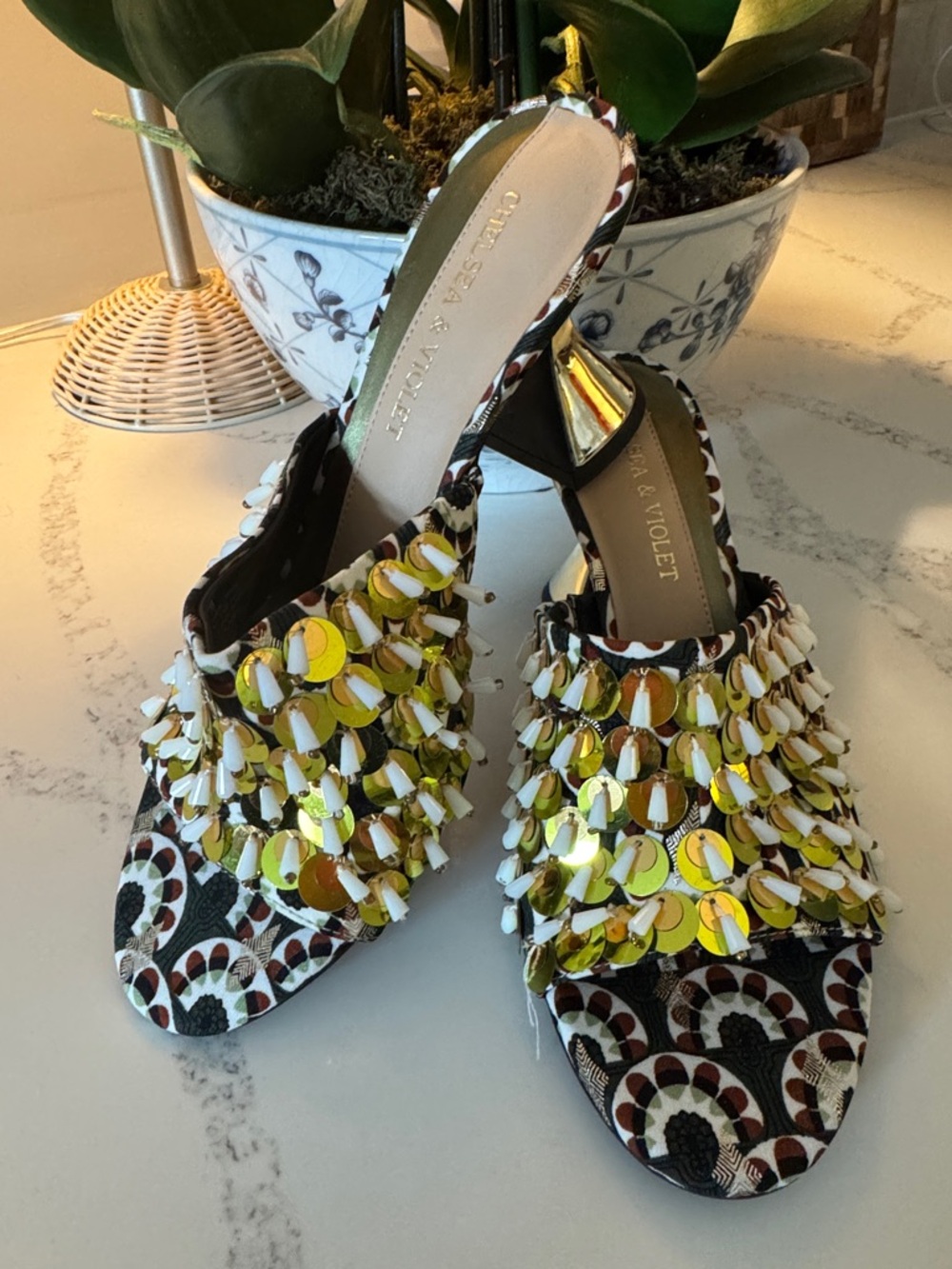 Chelsea & Violet Yellow Sequin Embellished Slip-On Mules